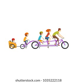 Parents riding on tandem bicycle with their three children, happy family, recreation with kids vector Illustration on a white background