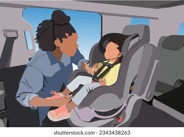 parents safely securing their kids in car seats. Mom checks the fastening of the baby seat in the car