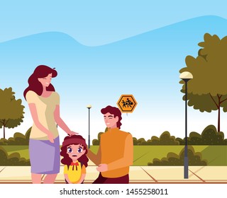 parents with school girl in the street