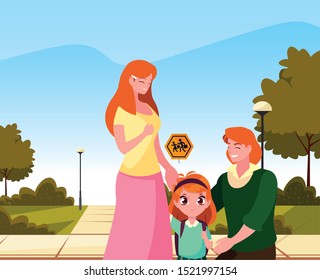 parents with school girl in the street vector illustration