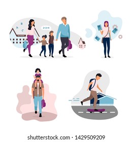 Parents with schoolchildren flat vector illustration. Back to school concepts. Schoolboy skateboarding, schoolgirl with father, couple and kids cartoon characters isolated on white background