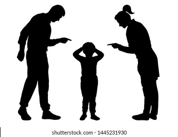 Parents scold the child. Mom and Dad scold the baby who is guilty. Silhouette vector on white background