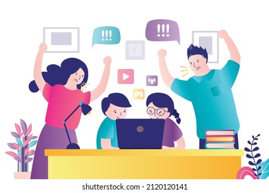 Parents scold children for constant use of gadgets. Children are addicted to Internet. KIds play games, consume media content. Angry parents scream. Family problems. Flat vector illustration