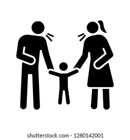 Parents scolding child glyph icon. Silhouette symbol. Mother and father discipline kid. Parents arguing and punishing son. Child rights violation. Negative space. Vector isolated illustration