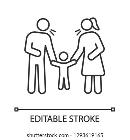 Parents scolding child linear icon. Thin line illustration. Mother and father discipline kid. Parents arguing and punishing son. Contour symbol. Vector isolated outline drawing. Editable stroke