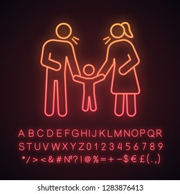 Parents scolding child neon light icon. Mother and father discipline kid. Parents arguing and punishing son, daughter. Glowing sign with alphabet, numbers and symbols. Vector isolated illustration