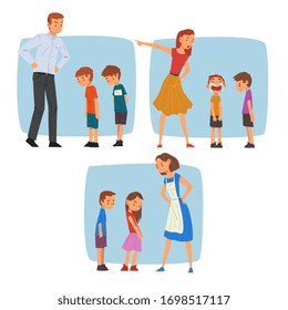 Parents Scolding Naughty Boys Set, Mothers and Fathers Chastening Children for Bad Behavior Vector Illustration