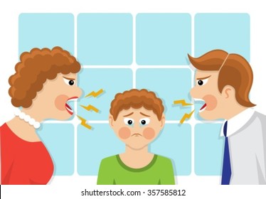 Parents scream and scold the child. The child was crying and upset. The conflict of generations and family quarrel. Vector illustration