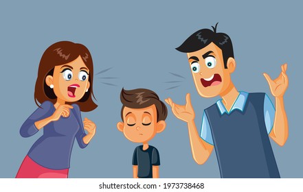 Parents Screaming at Their Child Vector Illustration. Little boy feeling anxious from verbal and emotional abuse received in the family 
