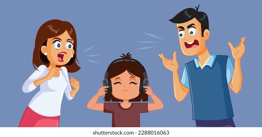 
Parents Screaming while Daughter Listens to Headphones Ignoring them. Mom and dad scolding little girl who ignores them completely 
