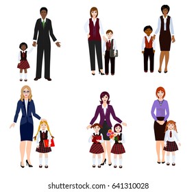 Parents send children to school set family, father or mother with childrens set isolated on white