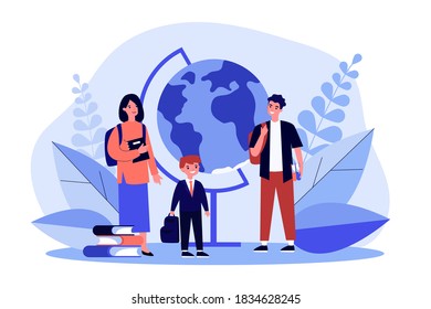 Parents sending their child to school. Learning, knowledge. Flat vector illustration. Educational concept can be used for presentations, banner, website design, landing web page