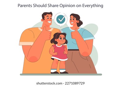 Parents should share opinion on everything. Positive parenting tips. Fostering advice. Formation of your child's daily skills. Happy family with a child. Flat vector illustration