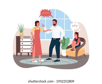 Parents shouting 2D vector web banner, poster. Unhappy child. Angry mother, father, nervous daughter flat characters on cartoon background. Family conflict printable patch, colorful web element