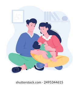 Parents sitting comfortably on floor while feeding baby, flat illustration 