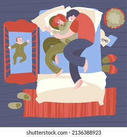 Parents sleep in bed and newborn in the cradle nearby. Mother, father and baby sleeping top view. Mom, dad and little child slumbering in bedroom. Hand drawn vector illustration in trendy flat style.