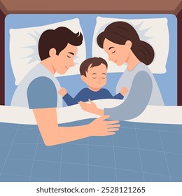 Parents sleeping with their  baby at night in bed. Conceptual illustration of breastfeeding, safe sleep with the baby, motherhood, care and relaxation. Vector illustration