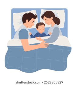 Padres que duermen con su bebé en la cama por la noche. Ilustración conceptual de la lactancia materna, sueño seguro con el bebé, maternidad, cuidado y relajación. Ilustración vectorial