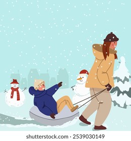 Parents slide their kids for rides on tube and sledge. Activity and rest , winter holidays. Characters in warm clothes in forest. Hand drawn flat vector illustration