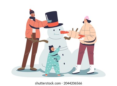 Parents and small infant kid making snowman outdoors. Happy family having fun together in winter season under snowfall wearing warm clothes. Cartoon flat vector illustration
