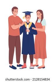 Parents and son alumnus semi flat color vector characters. Standing figures. Full body people on white. Graduation ceremony simple cartoon style illustration for web graphic design and animation