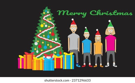 parents and son, celebrating christmas isolated on black background. red santa hats and green. colorful gift boxes. green text merry christmas