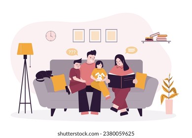 Parents with son and daughter sitting on sofa, family time. Mom reading fairytale story book to little kids. Happy family, parenthood. Living room interior with furniture. flat vector illustration