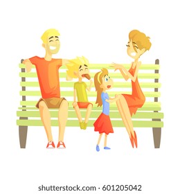 Parents, Son And Daughter Sitting On Park Bench, Happy Loving Families With Kids Spending Weekend Together Vector Illustration