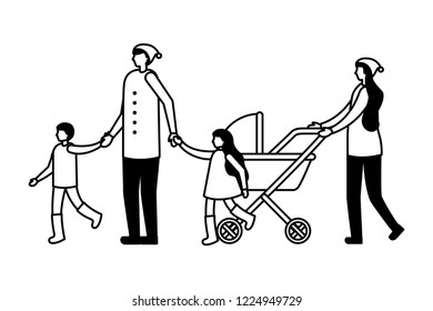 parents with son daugther and baby pram