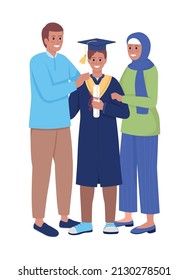 Parents And Son Graduate Semi Flat Color Vector Characters. Standing Figures. Full Body People On White. Graduation Ceremony Simple Cartoon Style Illustration For Web Graphic Design And Animation