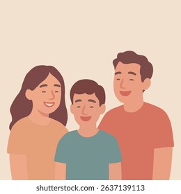 Parents and son posing for photo, smiling, happy family. Vector stock illustration eps10.