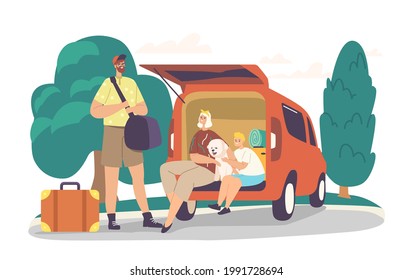 Eltern und Sohn bereit für Road Journey. Herzlichen Glückwunsch an die Familie, die Taschen in den Autoverkehr laden. Mutter, Vater und Junge mit Hund und Gepäck verlassen nach Hause. Vektorgrafik von Cartoon People