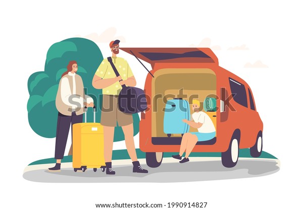 Parents and Son Road Ready for Journey.\
Happy Family Characters Loading Bags into Car Trunk for Travel.\
Mother, Father and Excited Child with Luggage Leaving Home. Cartoon\
People Vector\
Illustration