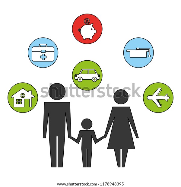 parents with son and\
set icons silhouette