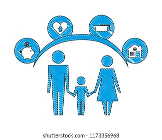 parents and son silhouettes with life icons