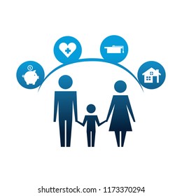 parents and son silhouettes with life icons