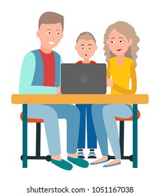 Parents And Son Sitting In Front Of Open Laptop Watching Movie Or Doing Homework Together. Family On Chairs At Table Study With Help Of Computer Vector