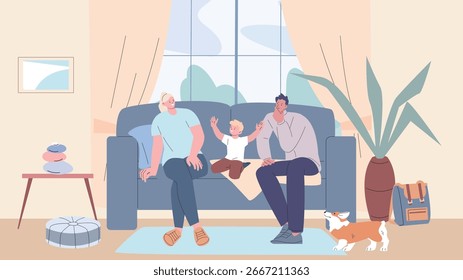 Parents with son sitting on sofa in living room. Family rest together, mother father kid and dog spend time at home. Parenthood, vacation, vector cozy scene