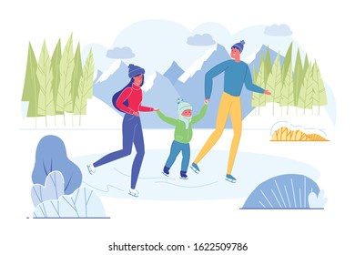 Parents and Son Skating on Frozen River or Lake Rink Flat Cartoon Vector Illustration. Winter Sport. Ice Skating with Family on Fresh Air. Winter Season Leisure. Funny and Sporty Outdoor Activity.