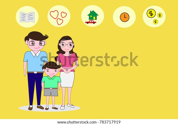 Parents and son\
stand in a comfortable manner and empty right side space for text.\
Background concepts essential to the family. Flat cartoon and icon \
-Vector illustration eps\
10