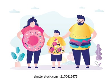 Parents and son suffering from eating disorder. Family with obesity problems. People love to overeat fast food. Unhealthy lifestyle concept. Girl with donut instead of belly. Flat vector illustration