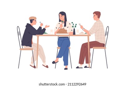 Parents and son teenager at family dinner, eating and talking at dining table. Happy mother, father and teen boy having meal together at home. Flat vector illustration isolated on white background