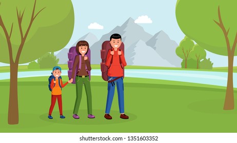 Parents with son traveling trekking with backpacks in mountains forest. Family camping flat style vector illustration