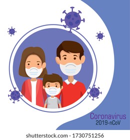 parents with son using face mask and particles 2019 ncov vector illustration design