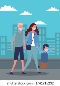 parents and son using face mask for covid19 vector illustration design