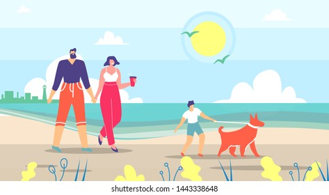 Parents and Son Walking Dog Among City River. Flat Cartoon Family Characters on Nature. Spending Time in Countryside near Water. Happy Weekend and Recreation. Vector Lifestyle Illustration