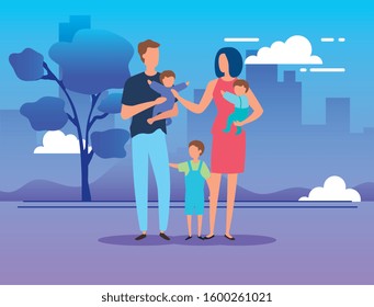 parents with sons in the park vector illustration design