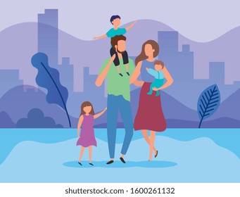 parents with sons in the park vector illustration design