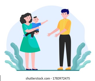 Parents soothing little child. Sad mom giving crying son to smiling dad flat vector illustration. Parenthood problems, stress concept for banner, website design or landing web page
