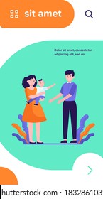 Parents soothing little child. Sad mom giving crying son to smiling dad flat vector illustration. Parenthood problems, stress concept for banner, website design or landing web page